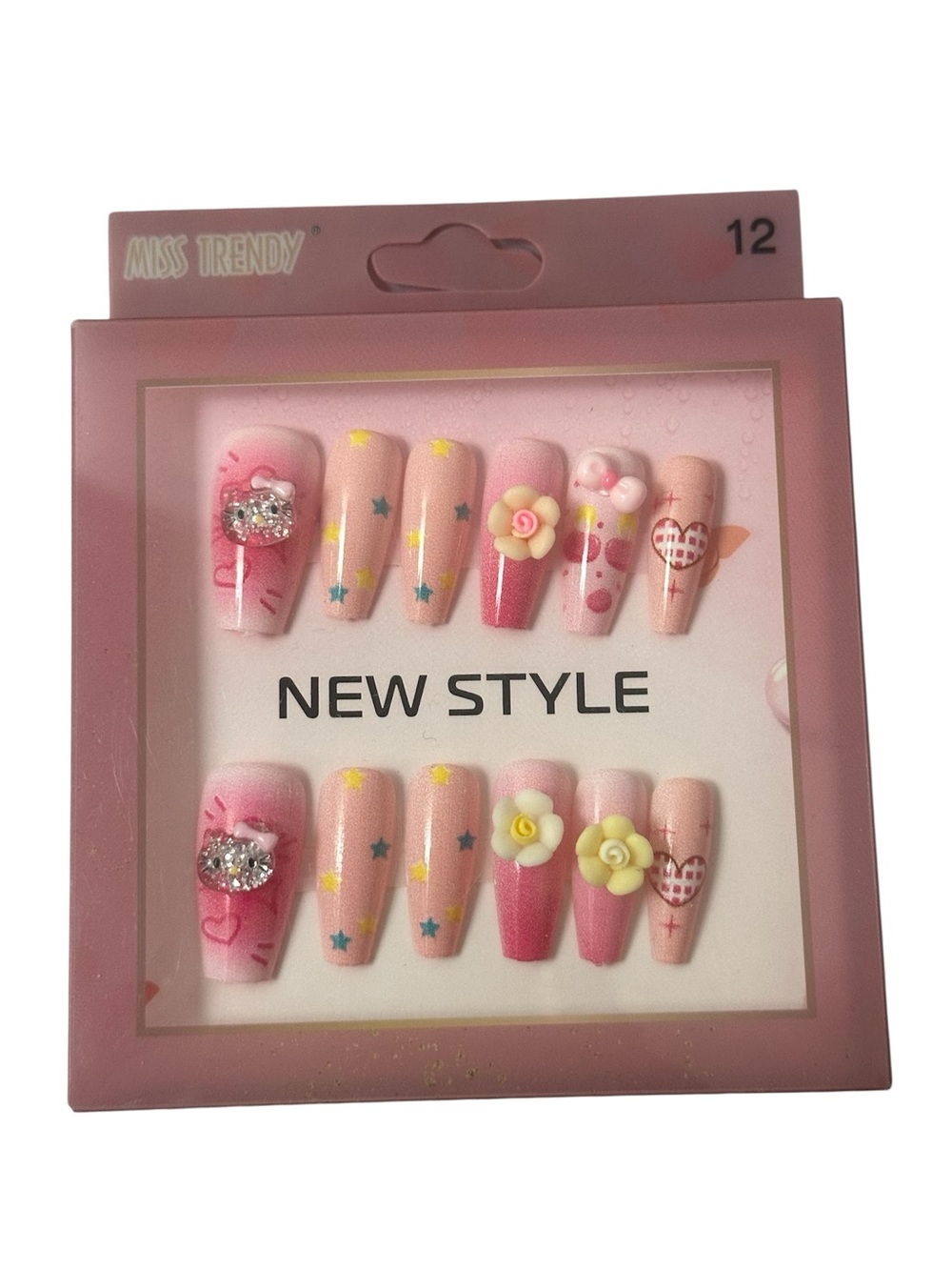 Miss Trendy Pink 3D Flower Press-On Nails Set – 12 Pc Y2K Kawaii Nail Art